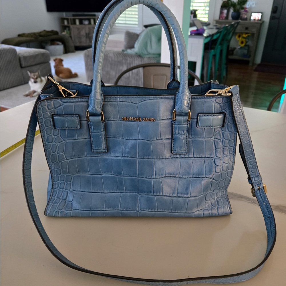 Michael Kors Blue Satchel with Crocodile Texture